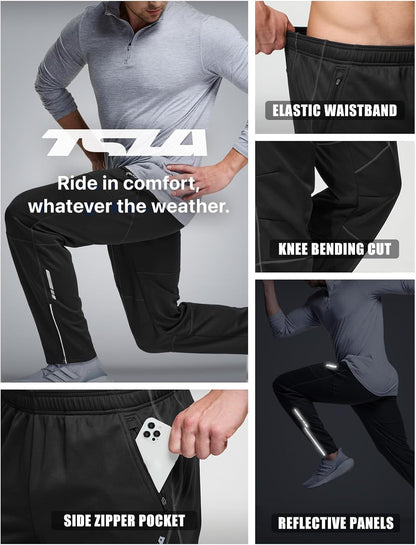 Men'S Thermal Windproof Cycling Pants, Fleece Lined Outdoor Bike Pants, Winter Cold Weather Running Pants