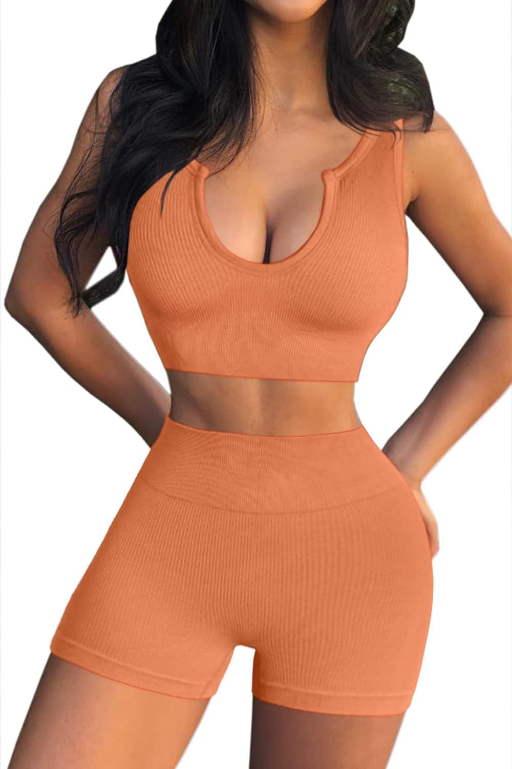 FAFOFA Seamless Workout Sets Cropped Tank Tops for Women Ribbed 2 Piece Yoga Outfits Active Booty Shorts Light Orange S