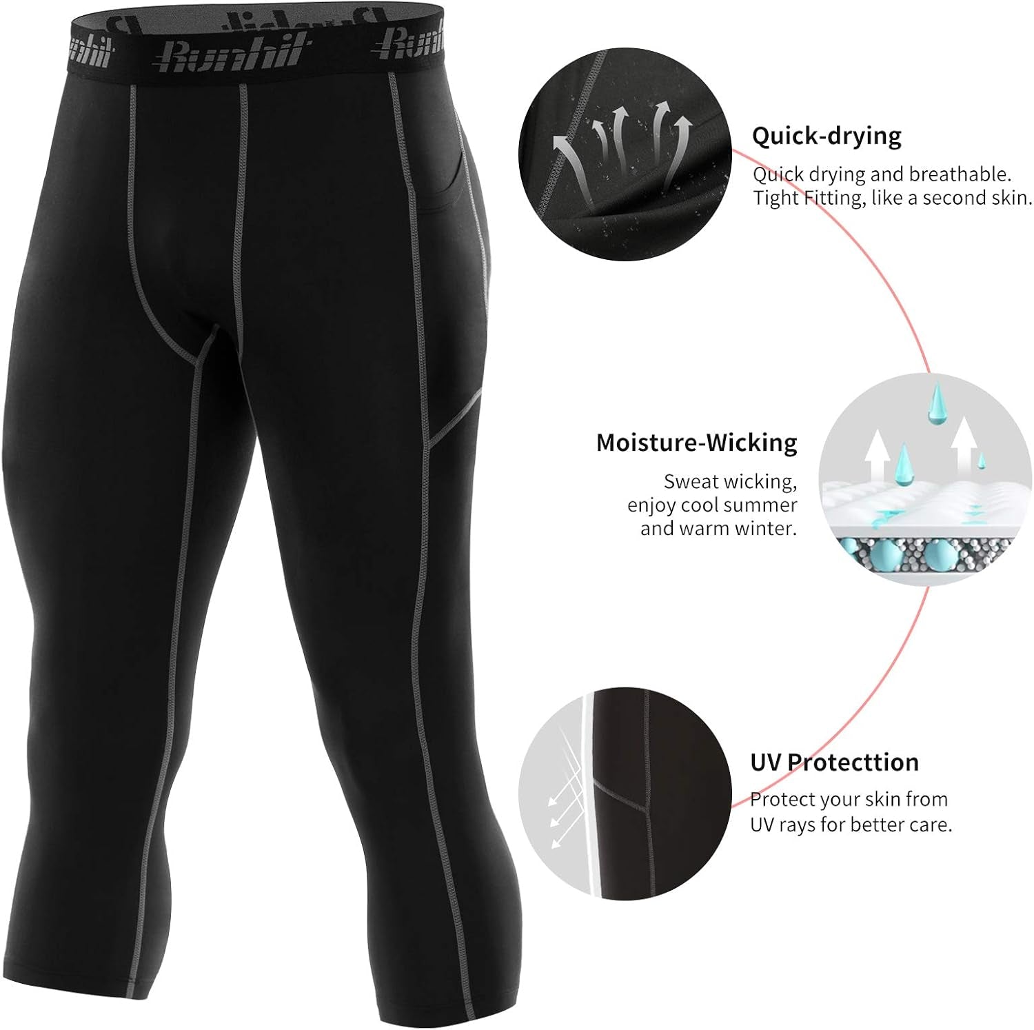 3/4 Men'S Compression Pants with Pockets,Workout Athletic Tights Leggings Athletic Base Layer Underwear