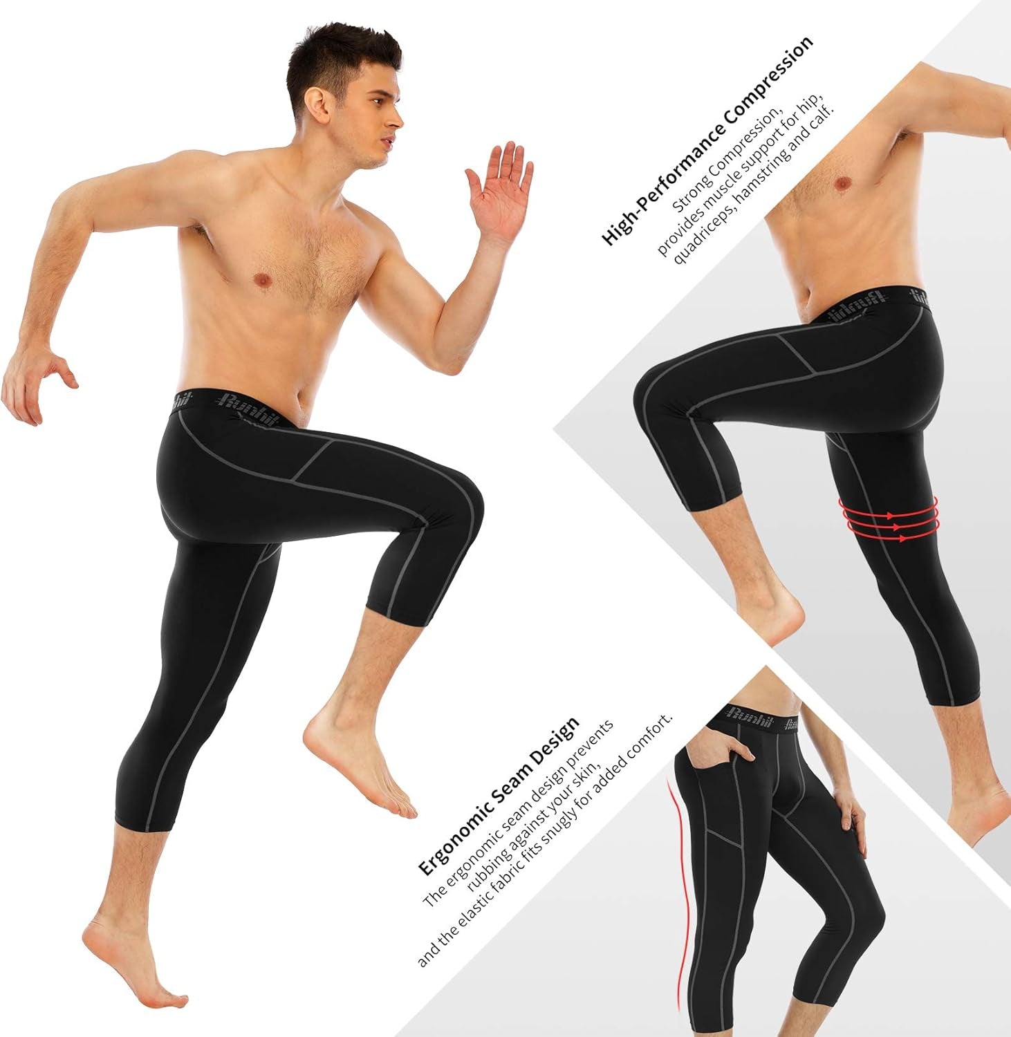 3/4 Men'S Compression Pants with Pockets,Workout Athletic Tights Leggings Athletic Base Layer Underwear