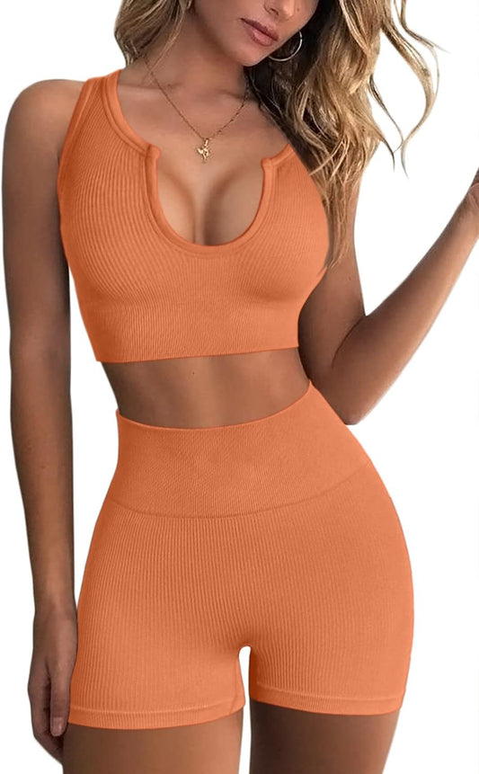 FAFOFA Seamless Workout Sets Cropped Tank Tops for Women Ribbed 2 Piece Yoga Outfits Active Booty Shorts Light Orange S