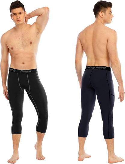 3/4 Men'S Compression Pants with Pockets,Workout Athletic Tights Leggings Athletic Base Layer Underwear