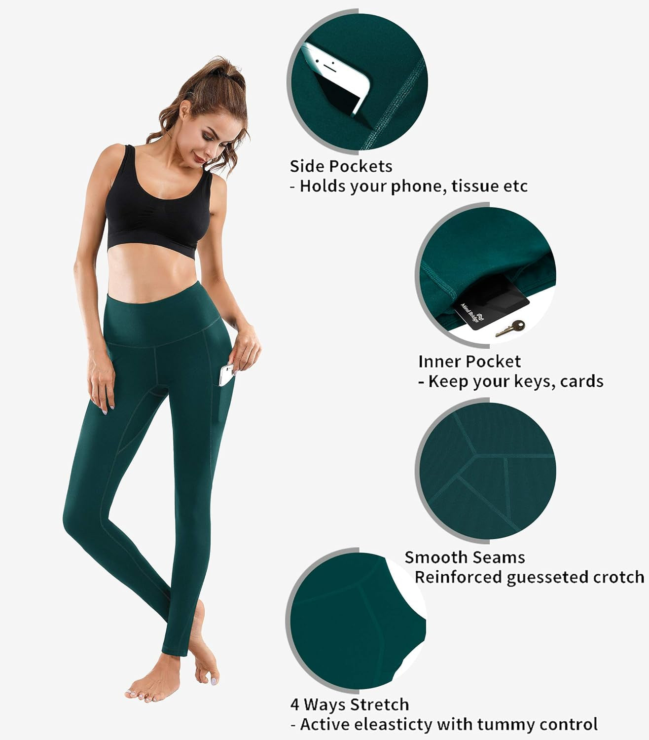 High Waist Yoga Pants - Yoga Pants with Pockets Tummy Control, 4 Ways Stretch Workout Running Yoga Leggings