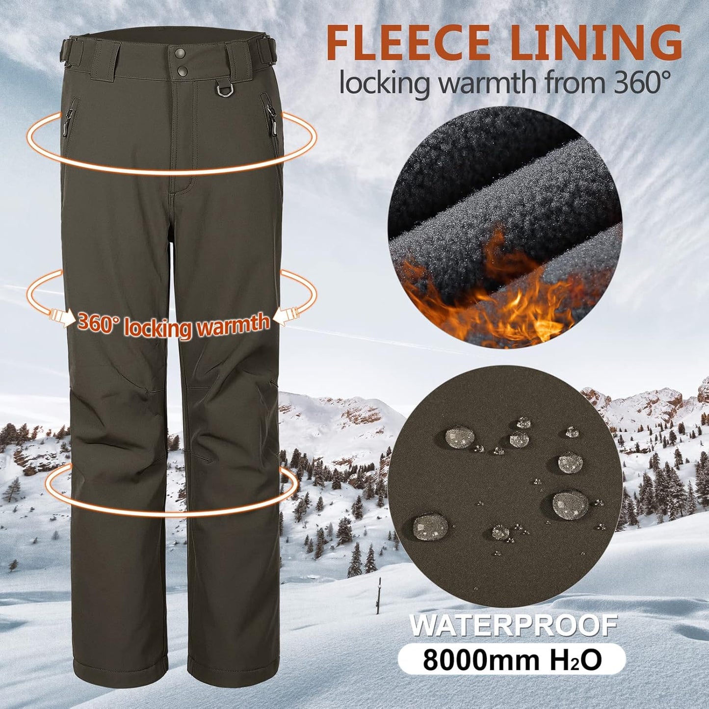 Men'S Lite Waterproof Windproof Fleece Lined Warm Hiking Ski Snow Pants Expandable-Waist