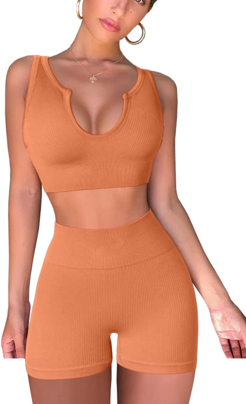 FAFOFA Seamless Workout Sets Cropped Tank Tops for Women Ribbed 2 Piece Yoga Outfits Active Booty Shorts Light Orange S